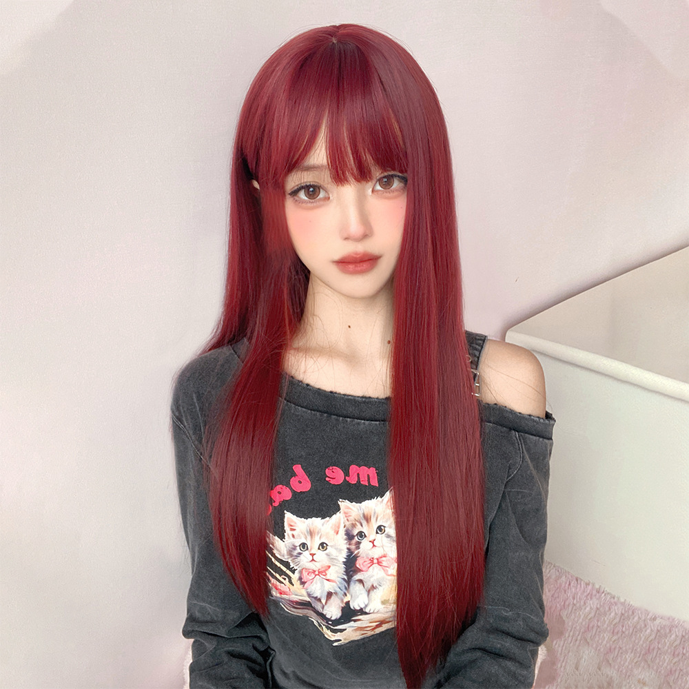sweet for round faces, realistic, internet celebrity girl group full cap summer style Wig for women, rose pink long straight hair, natural and 