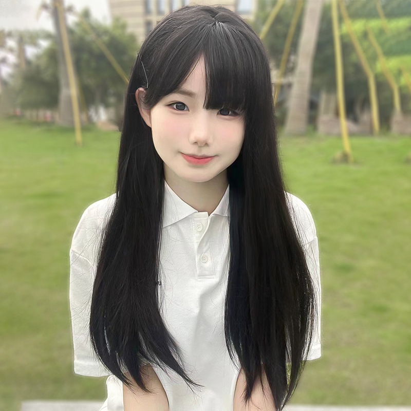sweet for round faces, realistic, internet celebrity girl group full cap summer style Wig for women, rose pink long straight hair, natural and 