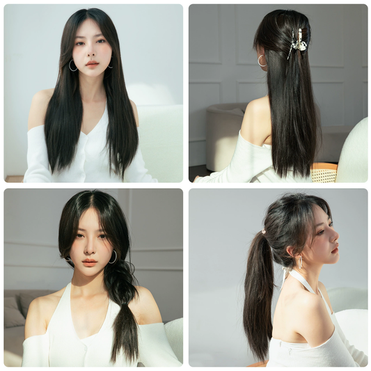 One-piece hair extension clip-in invisible natural wig with long straight hair, high volume, three-piece set with clips for women.