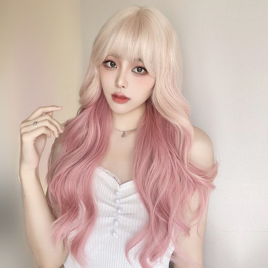 Trendy and stylish lolita ombre wavy full-head wig for women in platinum ombre cherry blossom pink long curly hair.