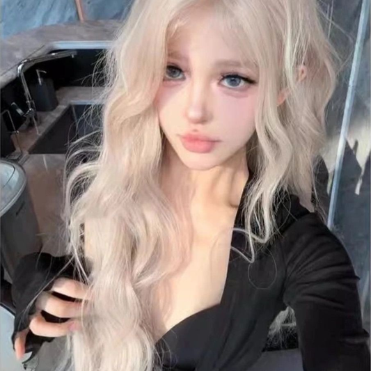 Platinum-colored wig [cream pink white] lace big headband style pink white gold influencer fluffy long curly hair wig for women