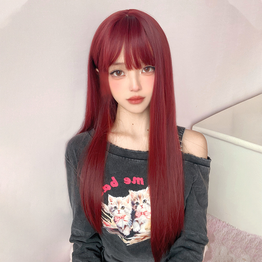 sweet for round faces, realistic, internet celebrity girl group full cap summer style Wig for women, rose pink long straight hair, natural and&nbsp;