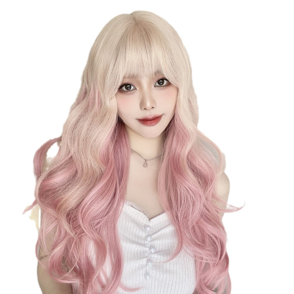 Trendy and stylish lolita ombre wavy full-head wig for women in platinum ombre cherry blossom pink long curly hair.