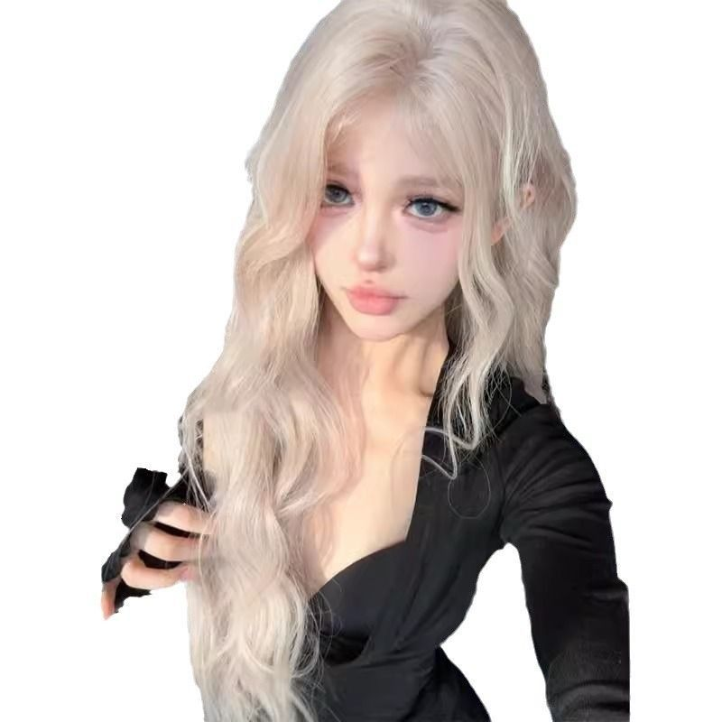 Platinum-colored wig [cream pink white] lace big headband style pink white gold influencer fluffy long curly hair wig for women