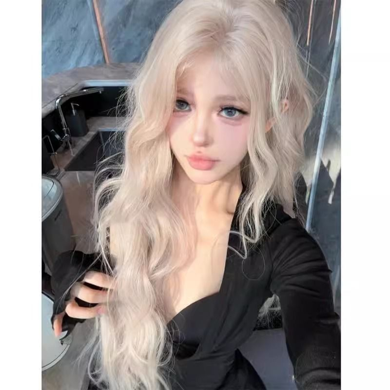 Platinum-colored wig [cream pink white] lace big headband style pink white gold influencer fluffy long curly hair wig for women